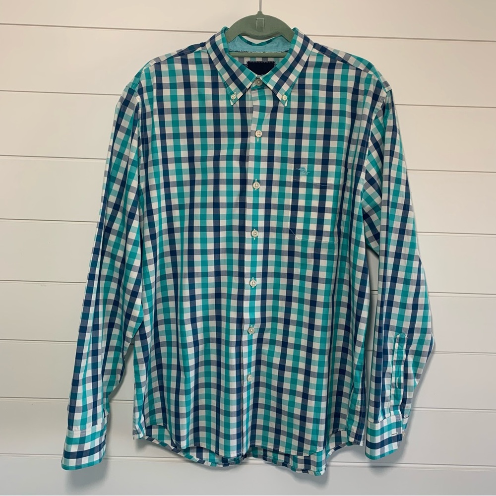 Tommy Bahama Mens Teal Navy Gingham Plaid‎ Long Sleeve Button Down Shirt Marlin